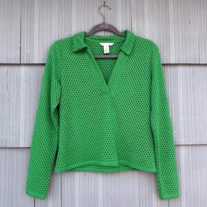 green H&M long sleeve collared top jersey perforated pointelle knit sweater mesh